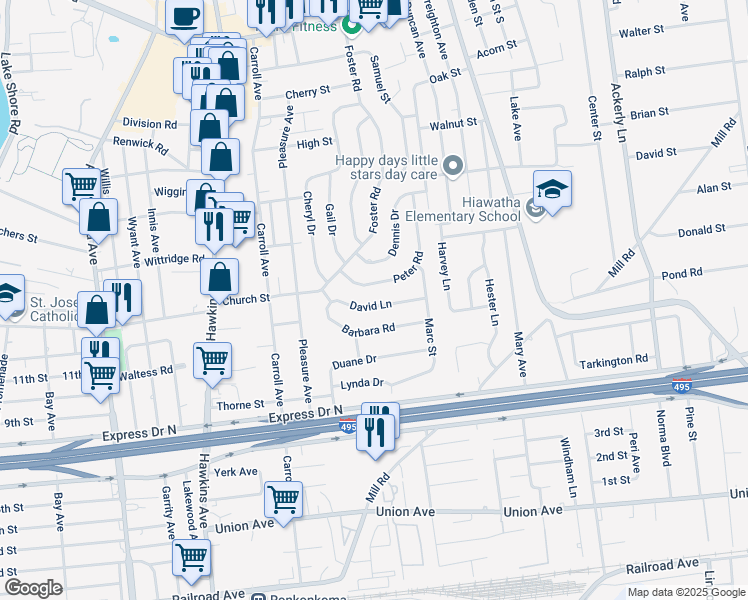 map of restaurants, bars, coffee shops, grocery stores, and more near 21 David Lane in Lake Ronkonkoma