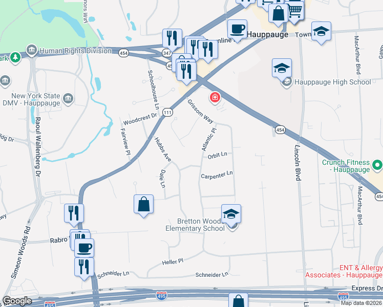 map of restaurants, bars, coffee shops, grocery stores, and more near 6 Greene Court in Hauppauge