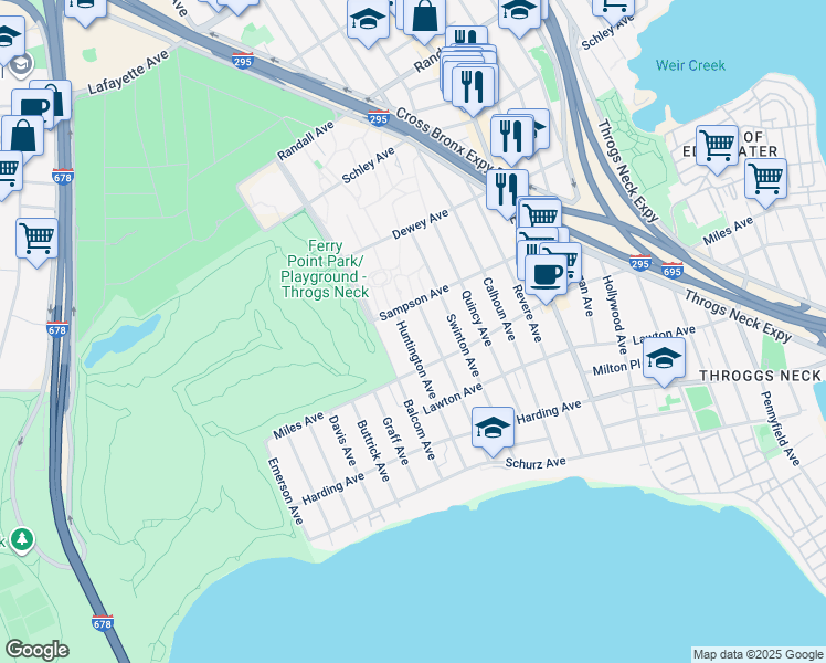 map of restaurants, bars, coffee shops, grocery stores, and more near 326 Huntington Avenue in Bronx