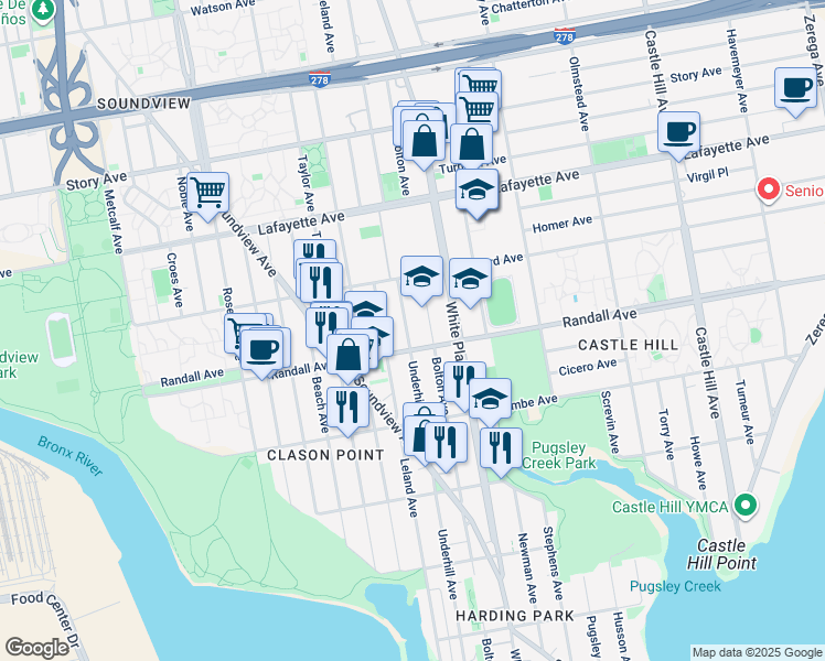 map of restaurants, bars, coffee shops, grocery stores, and more near 605 Bolton Avenue in Bronx