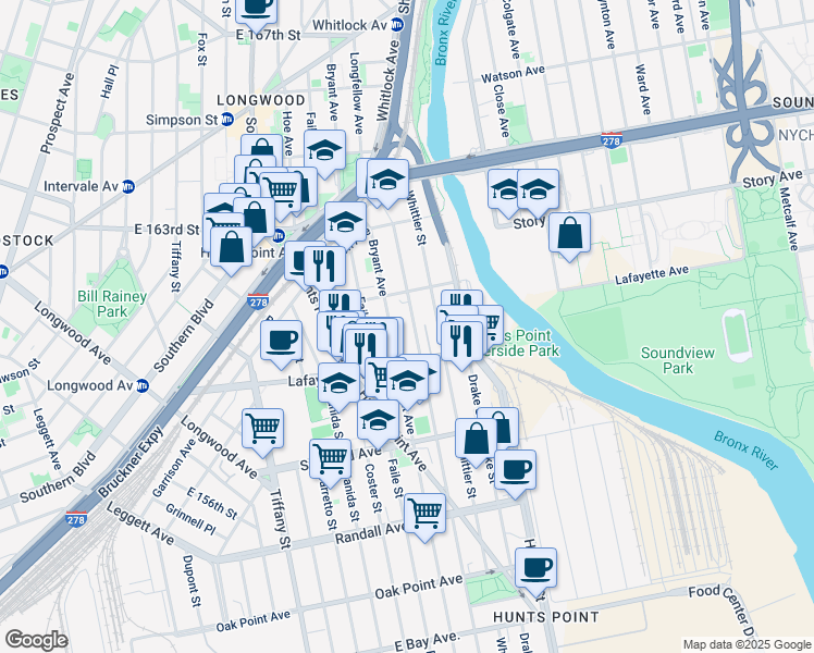 map of restaurants, bars, coffee shops, grocery stores, and more near 820 Longfellow Avenue in Bronx