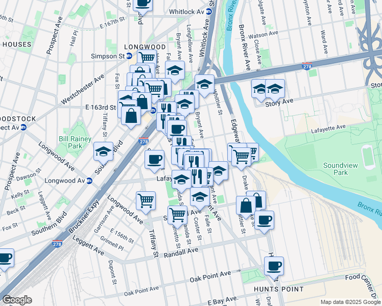 map of restaurants, bars, coffee shops, grocery stores, and more near 836 Faile Street in Bronx
