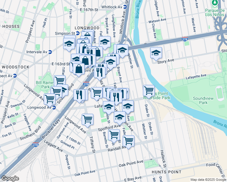 map of restaurants, bars, coffee shops, grocery stores, and more near 850 Hunts Point Avenue in Bronx