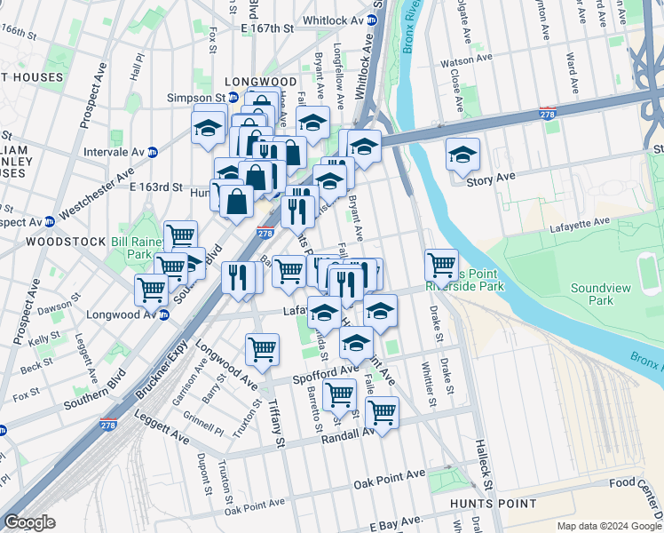 map of restaurants, bars, coffee shops, grocery stores, and more near 850 Hunts Point Avenue in Bronx