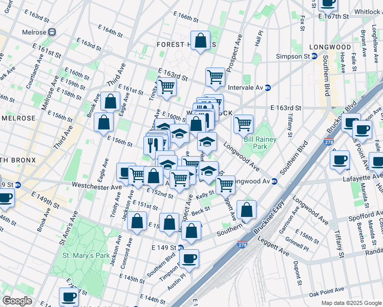 map of restaurants, bars, coffee shops, grocery stores, and more near in The Bronx