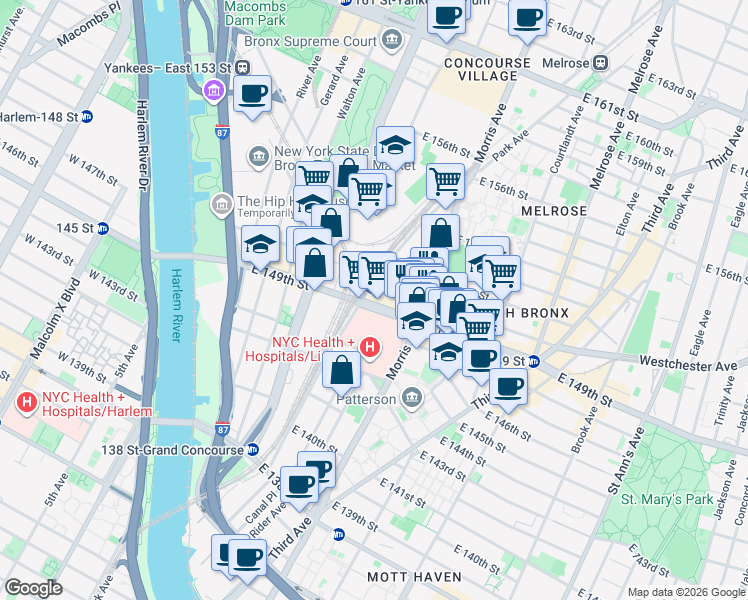 map of restaurants, bars, coffee shops, grocery stores, and more near 231 East 149th Street in The Bronx