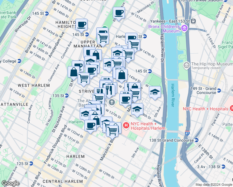 map of restaurants, bars, coffee shops, grocery stores, and more near 152 West 140th Street in New York