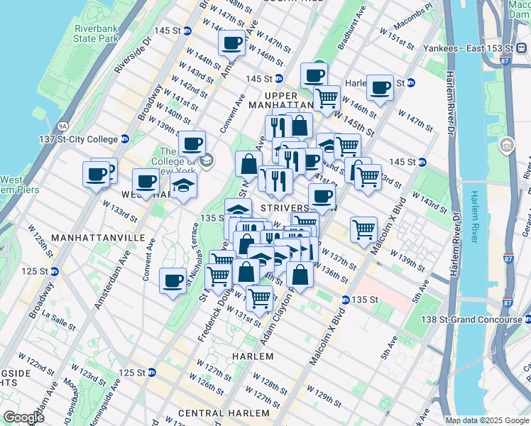 map of restaurants, bars, coffee shops, grocery stores, and more near 312 West 138th Street in New York