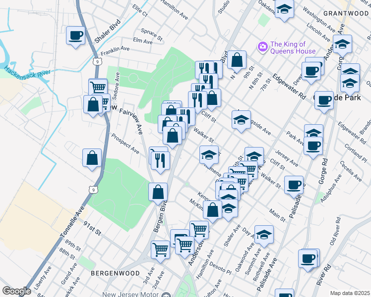 map of restaurants, bars, coffee shops, grocery stores, and more near 200 Bergen Boulevard in Fairview