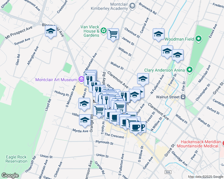 map of restaurants, bars, coffee shops, grocery stores, and more near 58 Montague Place in Montclair
