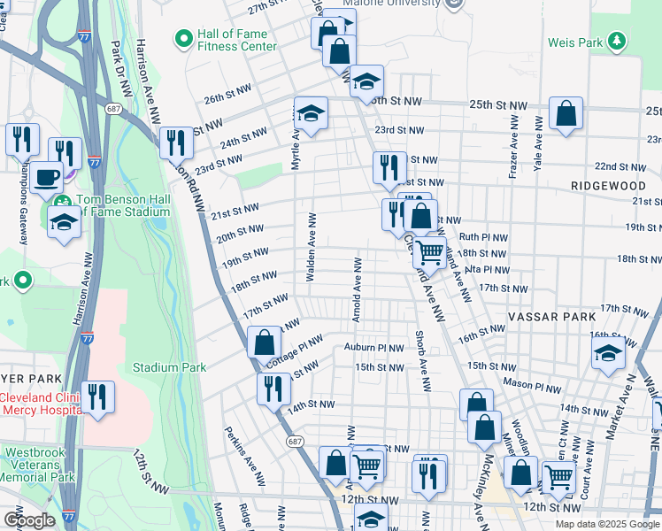 map of restaurants, bars, coffee shops, grocery stores, and more near 1305 18th Street Northwest in Canton
