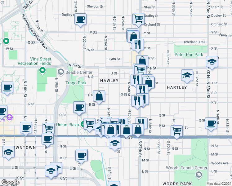 map of restaurants, bars, coffee shops, grocery stores, and more near 501 North 25th Street in Lincoln