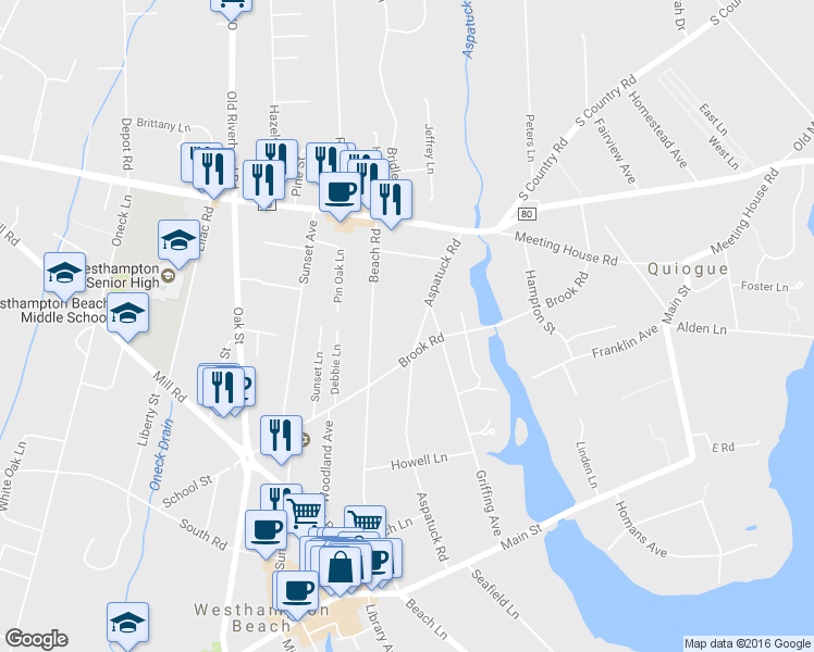 map of restaurants, bars, coffee shops, grocery stores, and more near 97 Aspatuck Road in Westhampton Beach