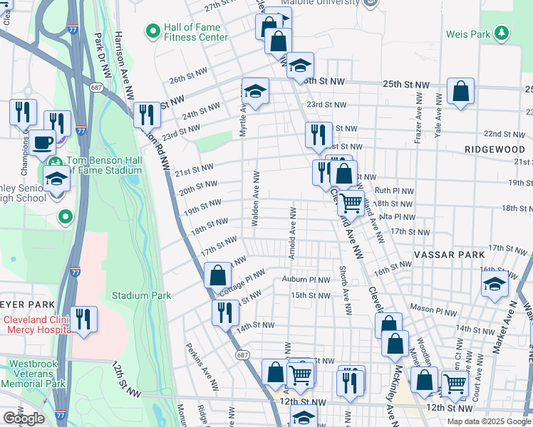 map of restaurants, bars, coffee shops, grocery stores, and more near 1301 18th Street Northwest in Canton