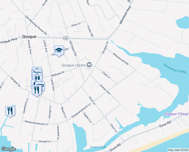 map of restaurants, bars, coffee shops, grocery stores, and more near 2 Ocean Avenue in East Quogue