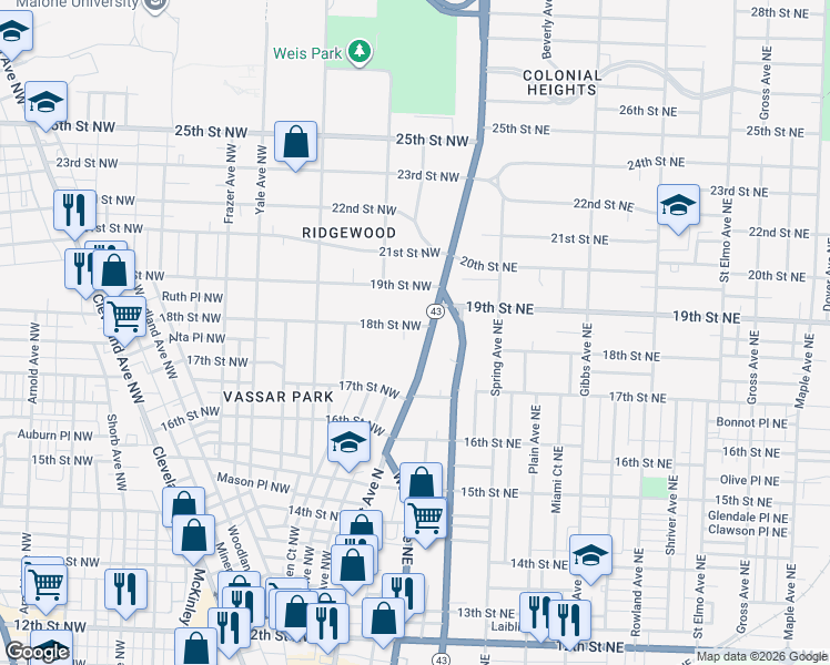 map of restaurants, bars, coffee shops, grocery stores, and more near 112 18th Street Northwest in Canton