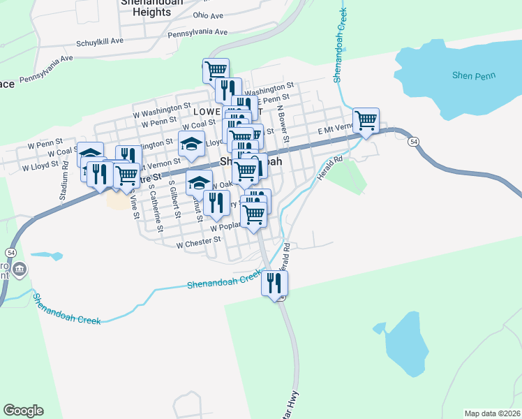 map of restaurants, bars, coffee shops, grocery stores, and more near 219 South Main Street in Shenandoah