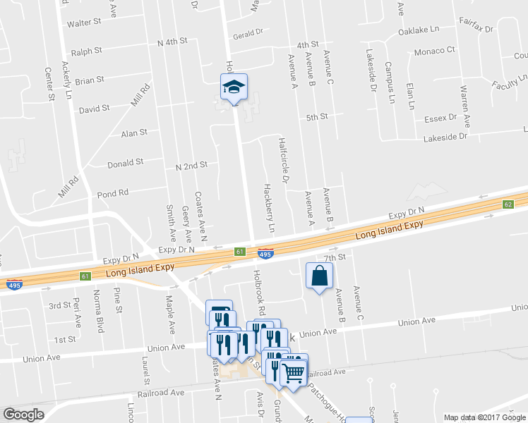 map of restaurants, bars, coffee shops, grocery stores, and more near 24 Hackberry Lane in Holbrook