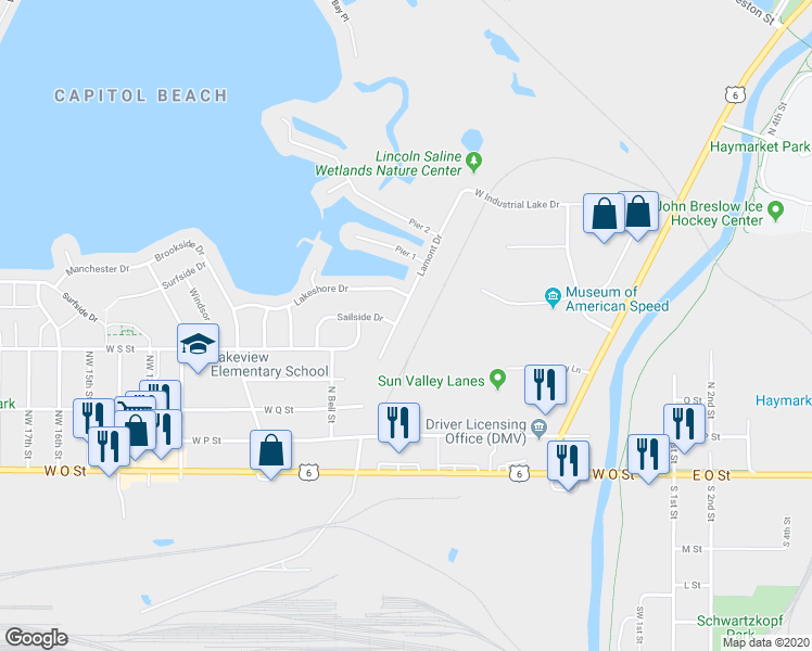 map of restaurants, bars, coffee shops, grocery stores, and more near 538 Lamont Drive in Lincoln