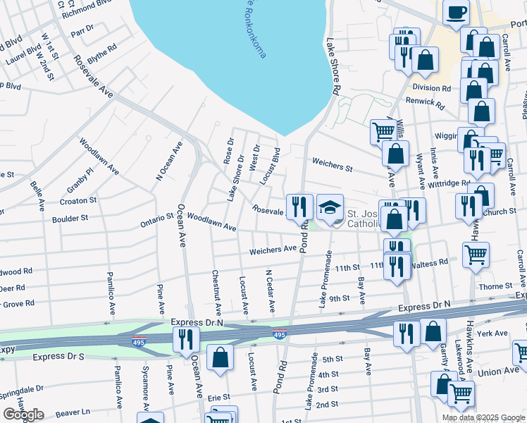 map of restaurants, bars, coffee shops, grocery stores, and more near 54 Rosevale Avenue in Ronkonkoma