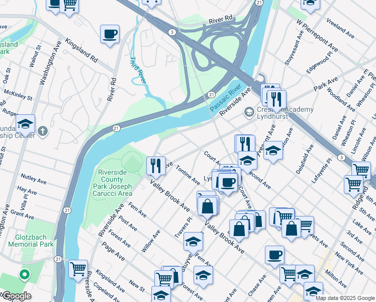 map of restaurants, bars, coffee shops, grocery stores, and more near 223 Park Ave in Lyndhurst