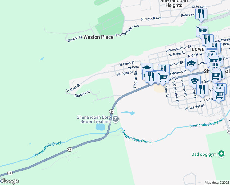 map of restaurants, bars, coffee shops, grocery stores, and more near 1033 West Centre Street in Shenandoah