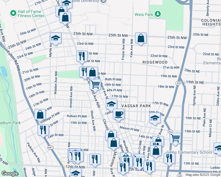map of restaurants, bars, coffee shops, grocery stores, and more near 613 Alta Place Northwest in Canton