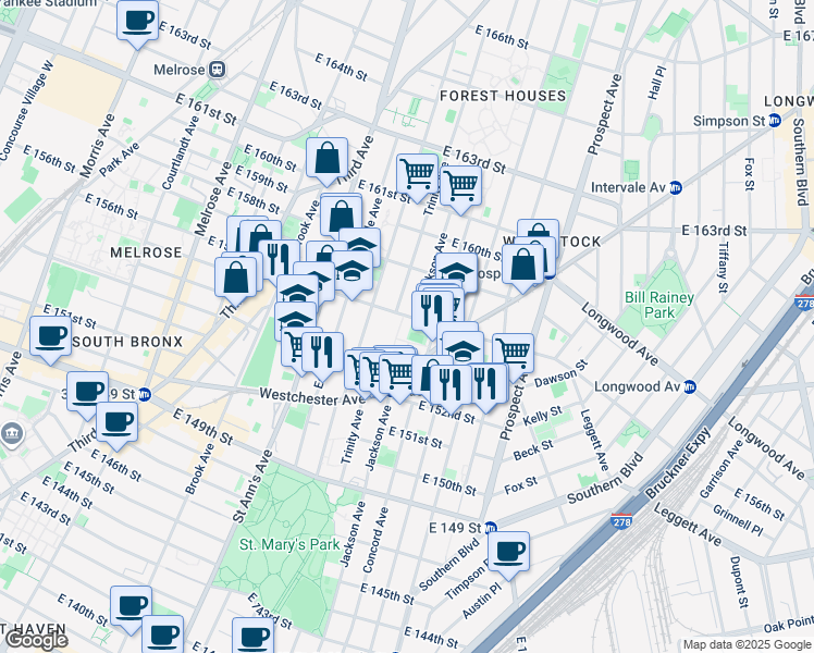 map of restaurants, bars, coffee shops, grocery stores, and more near 700 East 156th Street in Bronx