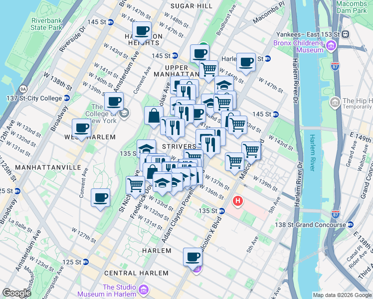 map of restaurants, bars, coffee shops, grocery stores, and more near 245 West 138th Street in New York
