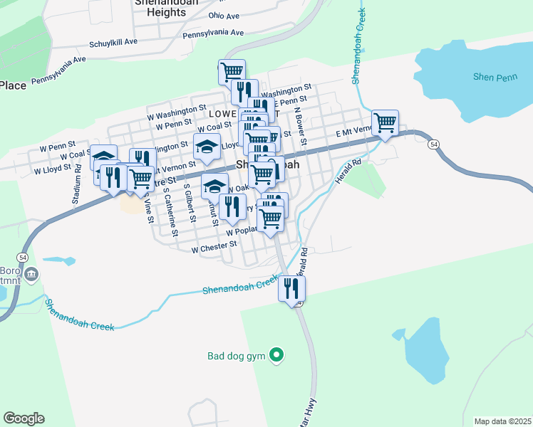 map of restaurants, bars, coffee shops, grocery stores, and more near 212 South Main Street in Shenandoah