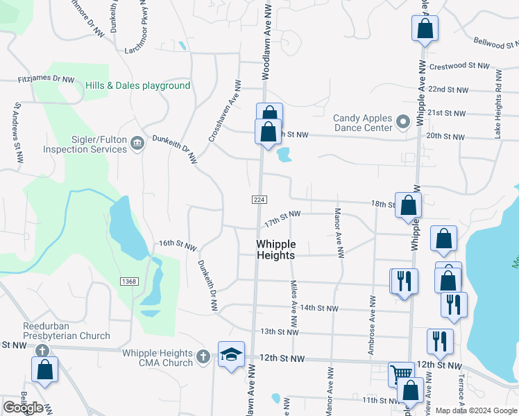 map of restaurants, bars, coffee shops, grocery stores, and more near 1736 Woodlawn Avenue Northwest in Canton