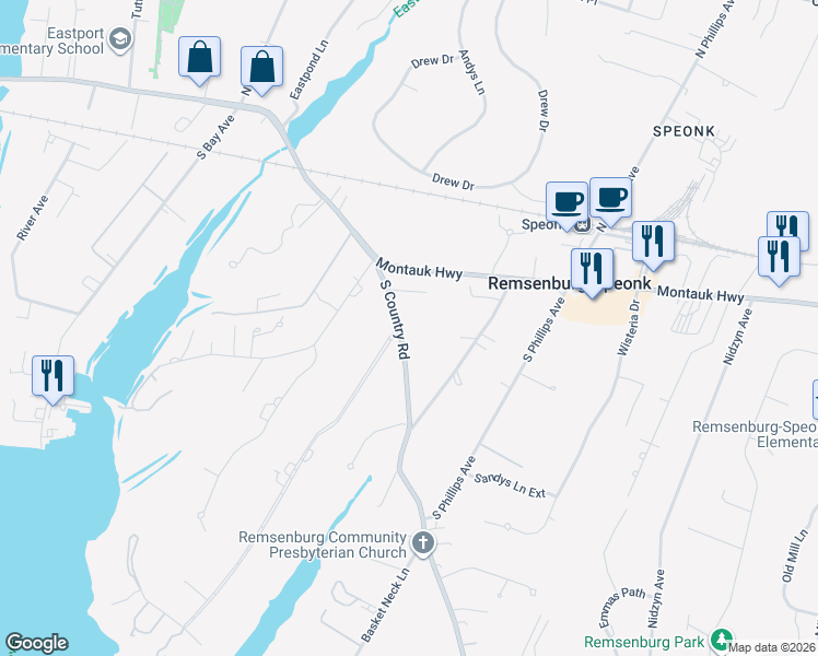 map of restaurants, bars, coffee shops, grocery stores, and more near 186 South Country Road in Remsenburg-Speonk