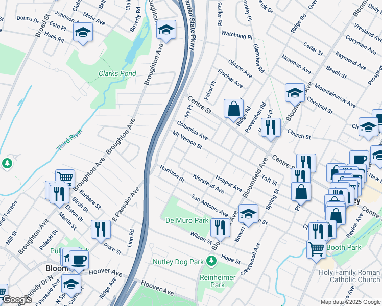 map of restaurants, bars, coffee shops, grocery stores, and more near 3 Lincoln Street in Nutley