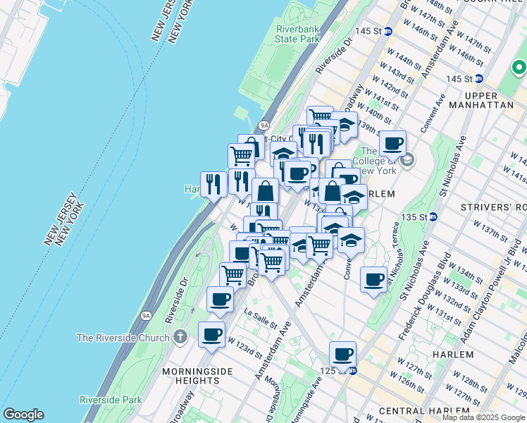 map of restaurants, bars, coffee shops, grocery stores, and more near 615 West 131st Street in New York