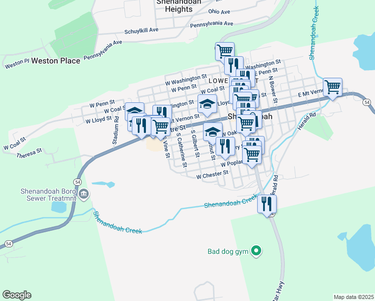 map of restaurants, bars, coffee shops, grocery stores, and more near 424 West Atlantic Street in Shenandoah