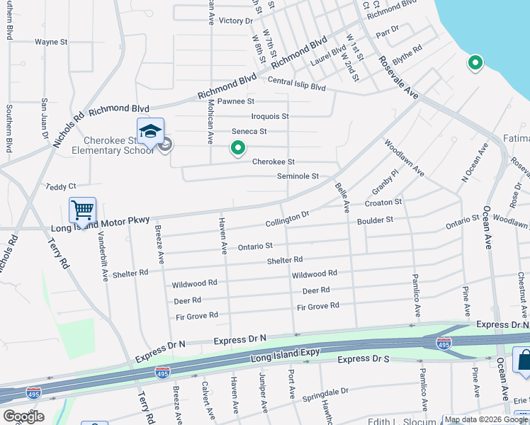 map of restaurants, bars, coffee shops, grocery stores, and more near 374 Port Avenue in Ronkonkoma
