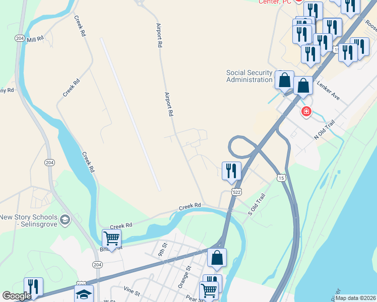 map of restaurants, bars, coffee shops, grocery stores, and more near 195 Airport Road in Selinsgrove