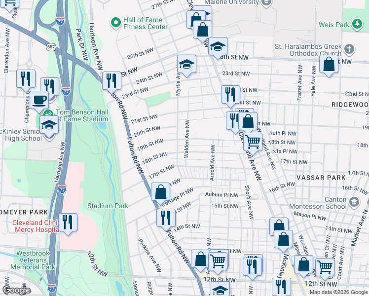 map of restaurants, bars, coffee shops, grocery stores, and more near 1305 18th Street Northwest in Canton