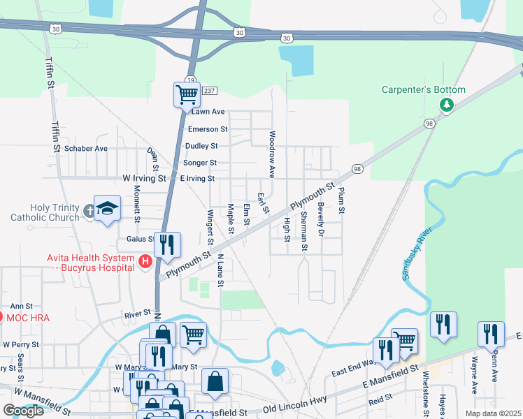 map of restaurants, bars, coffee shops, grocery stores, and more near 919 Earl Street in Bucyrus