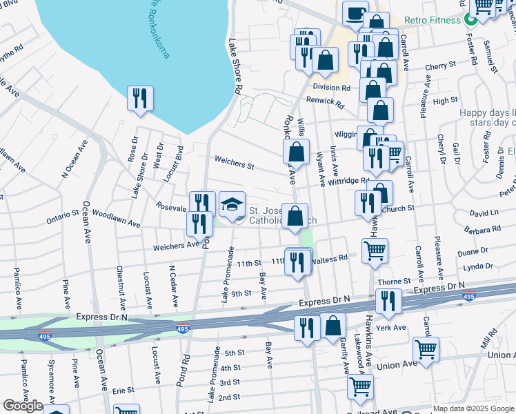 map of restaurants, bars, coffee shops, grocery stores, and more near 19 Oakwood Avenue in Lake Ronkonkoma