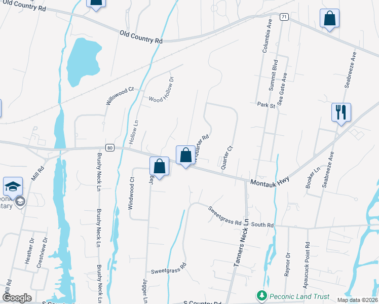 map of restaurants, bars, coffee shops, grocery stores, and more near 3 North Quarter Road in Westhampton