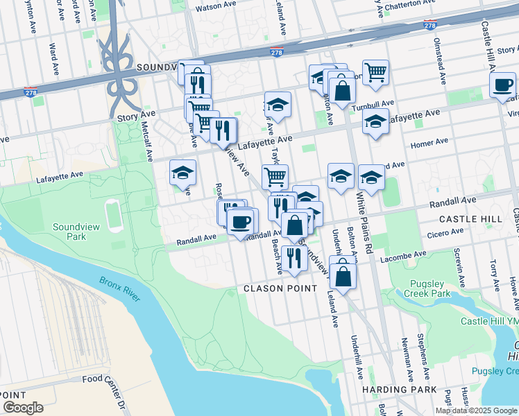 map of restaurants, bars, coffee shops, grocery stores, and more near 635 Saint Lawrence Avenue in Bronx