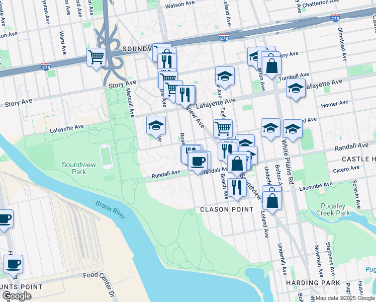 map of restaurants, bars, coffee shops, grocery stores, and more near 646 Rosedale Avenue in Bronx