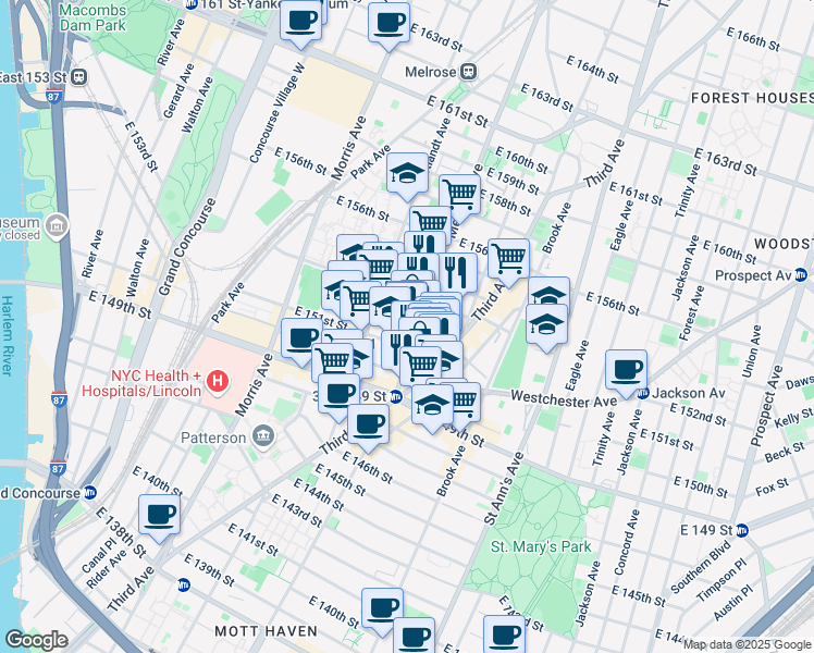 map of restaurants, bars, coffee shops, grocery stores, and more near 627 Melrose Avenue in Bronx