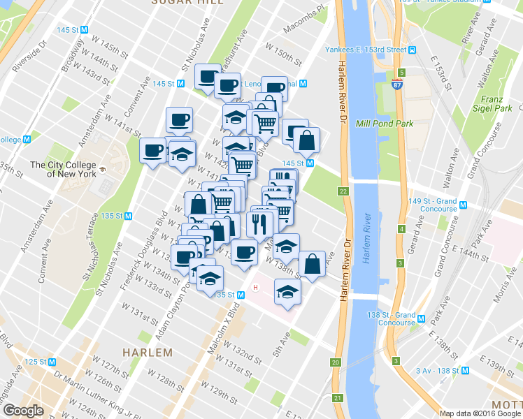 map of restaurants, bars, coffee shops, grocery stores, and more near 143 West 140th Street in New York