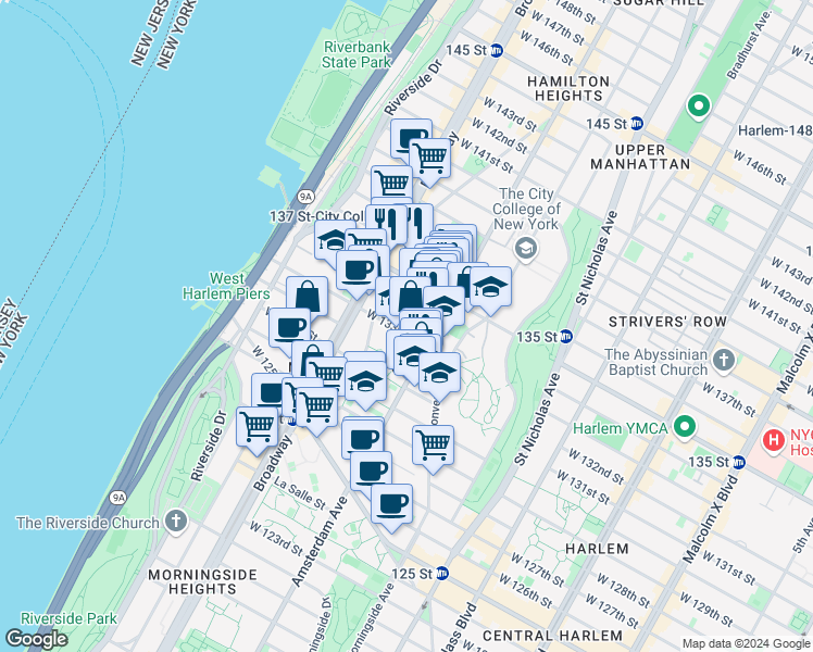 map of restaurants, bars, coffee shops, grocery stores, and more near 529 West 133rd Street in New York