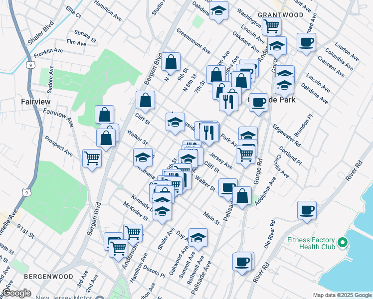 map of restaurants, bars, coffee shops, grocery stores, and more near 376 Cliff Street in Fairview