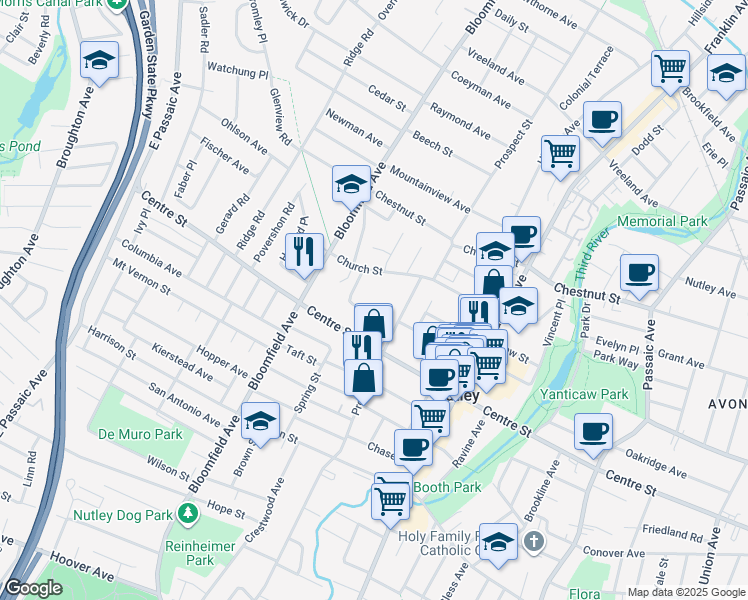 map of restaurants, bars, coffee shops, grocery stores, and more near 33 Clover Street in Nutley