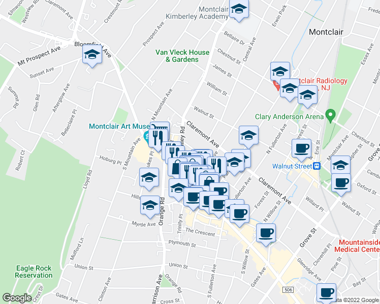 map of restaurants, bars, coffee shops, grocery stores, and more near 58 Montague Place in Montclair