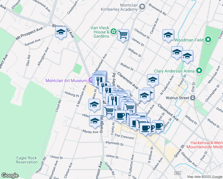 map of restaurants, bars, coffee shops, grocery stores, and more near 64 Valley Road in Montclair